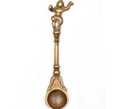 Brass Havan Holy Water Spoon With Leaves Krishna Finial