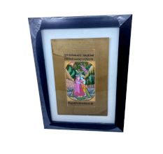 Radha Krishna Leela Painting On Paper With Quote (Framed)