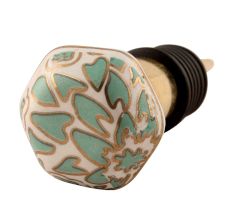 Sea Green Hexagon Small Ceramic Wine Stopper in Golden Fitting