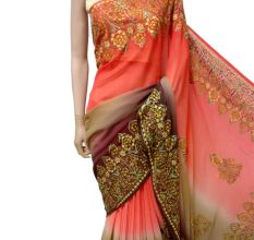 Orange Beige and Maroon Hand Embroidered Georgette Sari