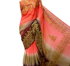 Orange Beige and Maroon Hand Embroidered Georgette Sari