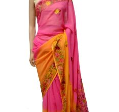 Pink Yellow Floral Embroidered Georgette Sari