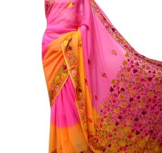 Pink Yellow Floral Embroidered Georgette Sari