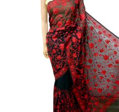 Black Red Floral Embroidered Georgette Sari