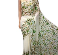 Creamy White Floral Embroidered Georgette Sari