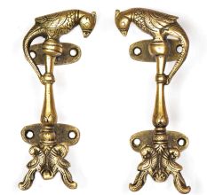 Two Brass Peacocks With Brass Parrot On Top Door Handle (In Pair)