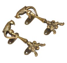 Two Brass Peacocks With Brass Parrot On Top Door Handle (In Pair)