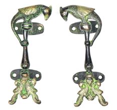 Patina Rich Two Brass Peacocks With Brass Parrot On Top Door Handle (In Pair)