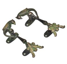 Patina Rich Two Brass Peacocks With Brass Parrot On Top Door Handle (In Pair)