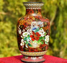 A  Cloisonne Enameled  Vase Decorated With Flowers on a Red Ground