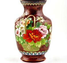 Vintage Rust W Orange Lotus Flower Pink Butterfly Cloisonne Vase