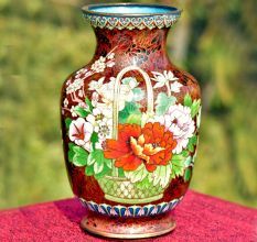 Vintage Rust W Orange Lotus Flower Pink Butterfly Cloisonne Vase