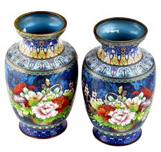 Pair of Cloisonne Vases  Blue Floral Ground With Polychrome Flower Baskets(Set of 2)