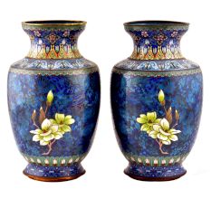 Pair of Cloisonne Vases  Blue Floral Ground With Polychrome Flower Baskets(Set of 2)