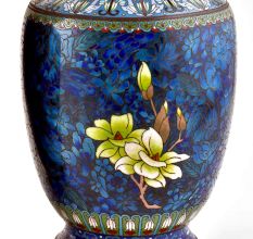 Pair of Cloisonne Vases  Blue Floral Ground With Polychrome Flower Baskets(Set of 2)