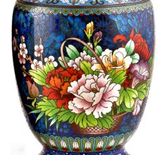 Pair of Cloisonne Vases  Blue Floral Ground With Polychrome Flower Baskets(Set of 2)