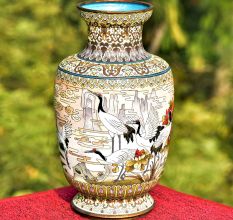 White Cloisonne Enameled  Vase White with Birds and Flowers