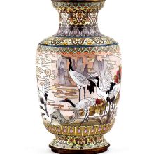 White Cloisonne Enameled  Vase White with Birds and Flowers