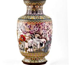 White Cloisonne Enameled  Vase White with Birds and Flowers
