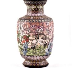 White Cloisonne Vase w/CRANES & Flower Blossoms