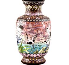 White Cloisonne Vase w/CRANES & Flower Blossoms