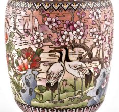 White Cloisonne Vase w/CRANES & Flower Blossoms