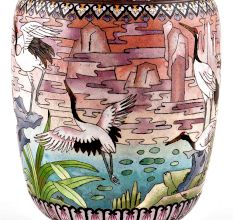 White Cloisonne Vase w/CRANES & Flower Blossoms