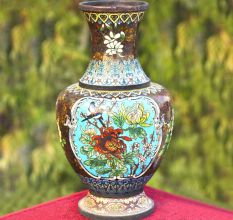 Vintage Cloisonne Black Vase with Bird and Flowers