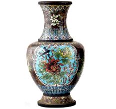 Vintage Cloisonne Black Vase with Bird and Flowers