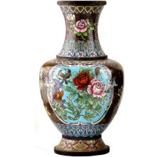 Vintage Cloisonne Black Vase with Bird and Flowers