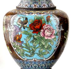 Vintage Cloisonne Black Vase with Bird and Flowers