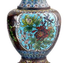 Vintage Cloisonne Black Vase with Bird and Flowers