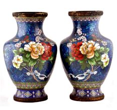 Cloisonne vases Blue Ground  Bunch Of Peony Roses Tied With Ribbon(Set of 2)