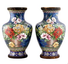 Cloisonne vases Blue Ground  Bunch Of Peony Roses Tied With Ribbon(Set of 2)