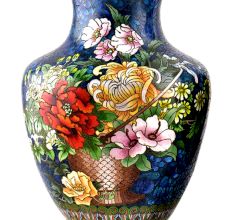 Cloisonne vases Blue Ground  Bunch Of Peony Roses Tied With Ribbon(Set of 2)