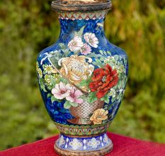 Cloisonne vases Blue Ground  Bunch Of Peony Roses Tied With Ribbon(Set of 2)