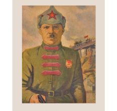 A print of Middle Aged Soilder In a War Holding A Pistol