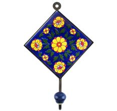 Navy Blue With Yellow Tiny Flower Ceramic Tiles Hooks 