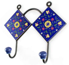 Navy Blue With Yellow Wheel Flower Ceramic Tiles Hooks 
