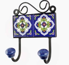 Navy Blue With White Ceramic Floral Tiles Hook 