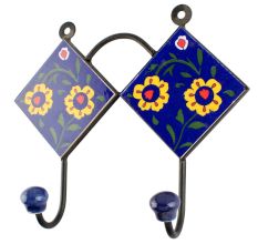 Navy Blue And Yellow Ceramic Floral Tiles Hook