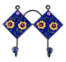 Navy Blue And Yellow Ceramic Floral Tiles Hook
