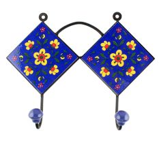 Navy Blue Yellow Tiny Flower Ceramic Tiles Hook 