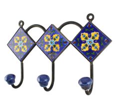 Navy Blue And Yellow Ceramic Floral Tiles Hook 