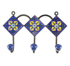 Navy Blue And Yellow Ceramic Floral Tiles Hook 