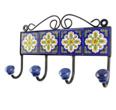 Navy Blue With White Ceramic Floral Tiles Hook 