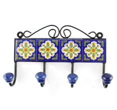 Navy Blue With White Ceramic Floral Tiles Hook 
