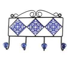 Navy Blue With White Leaf Ceramic Tiles Hook 