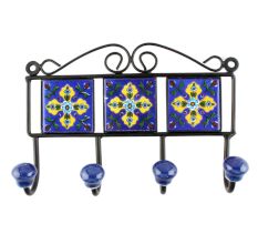 Navy Blue With Yellow Leaf Ceramic Floral Tiles Hook