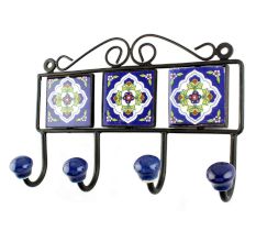 Navy Blue White Ceramic Floral Tiles Hook 